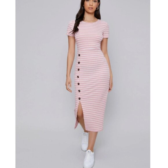NWOT SHEIN Women's Mulvari Buttoned Front Split Hem Striped Dress Size Small - Picture 1 of 11